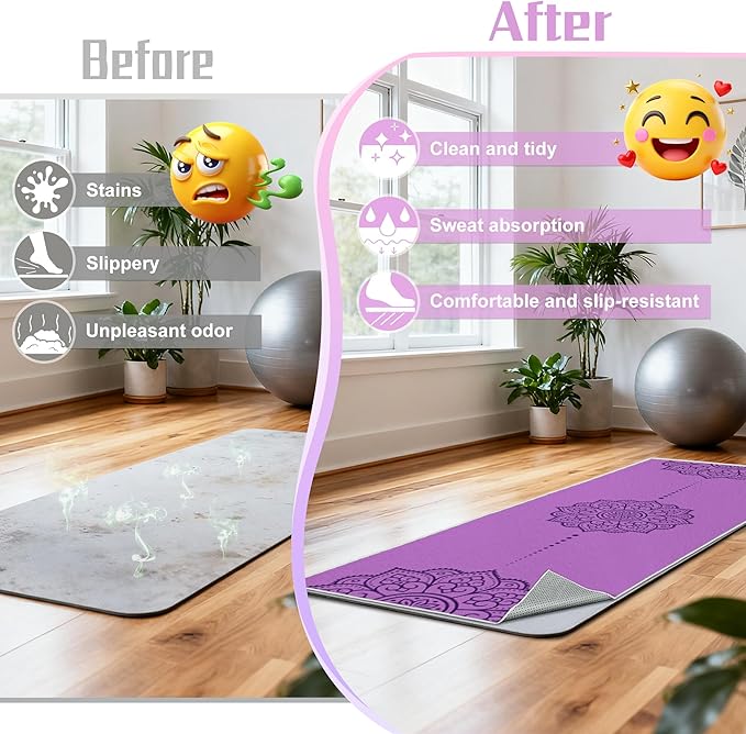 Yoga Towel, Absorbent Yoga Mat Towel for Hot Yoga Non Slip, Stylish Prints, Ideal for Workouts, Hot Yoga, Bikram, Pilates Equipment,72 x 27 in,Purple Mandala