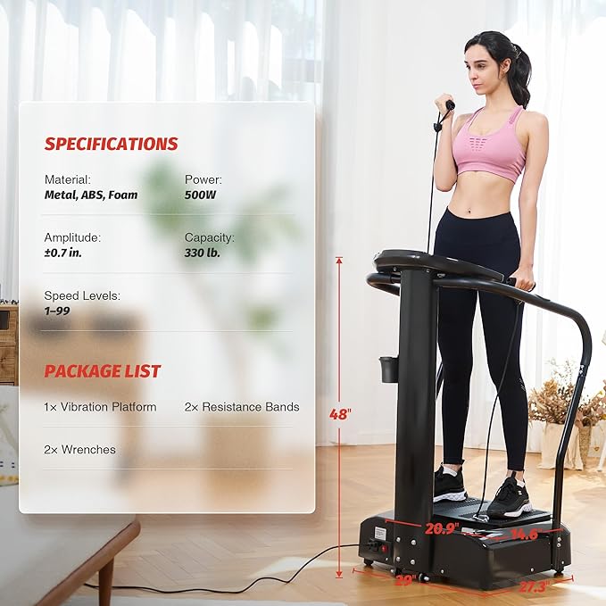 ZELUS Vibration Plate Exercise Machine with Handles, Vibration Plate for Lymphatic Drainage with 2 Resistance Bands (3 Preset Modes 99 Levels)
