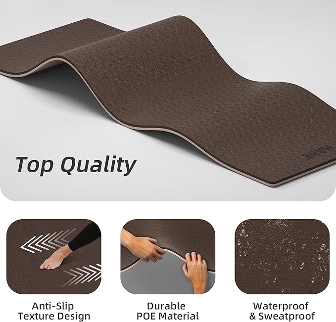 HAHE Yoga Mat Thick, 72"x32"x0.4"Th (10mm), Wide Non-Slip Exercise Mat with Carry Strap, Double-Sided POE Fitness Mat for Yoga, Pilates & Floor Workouts