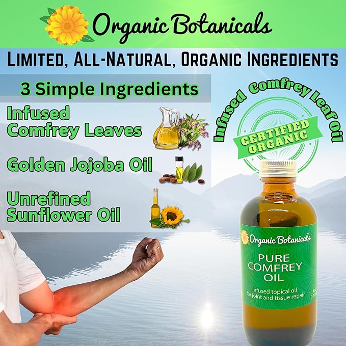 Pure Organic Comfrey Leaf Infused Oil - Skin Care for Joints, Back, Muscles, Fractures, Bruises, and Minor Wounds, Natural Herbal Body Massage Oil, Certified Organic (2 oz)