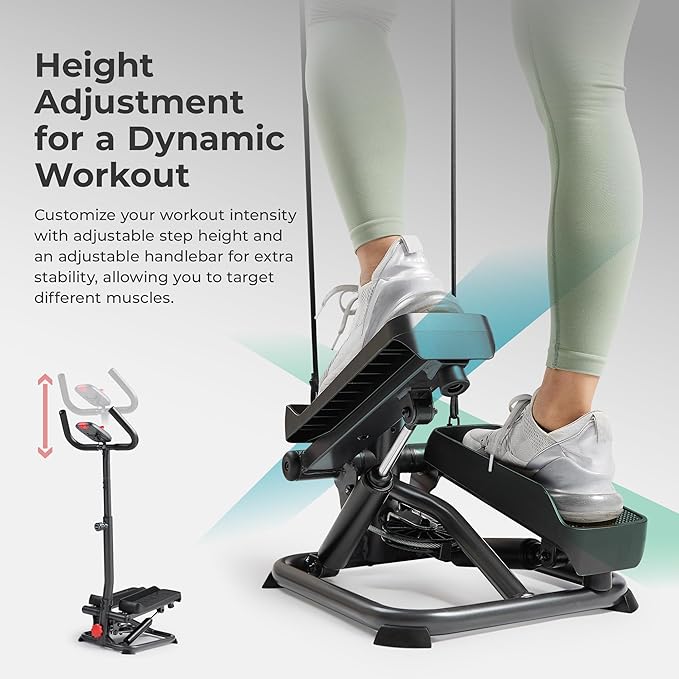 Sunny Health & Fitness Total Body 2-in-1 Smart Stepper Machine for Home with Handlebar and Resistance Bands, Total Body Workout, Adjustable Hydraulic, LCD Monitor, Non-Slip Pedals – 330 LB Max Weight