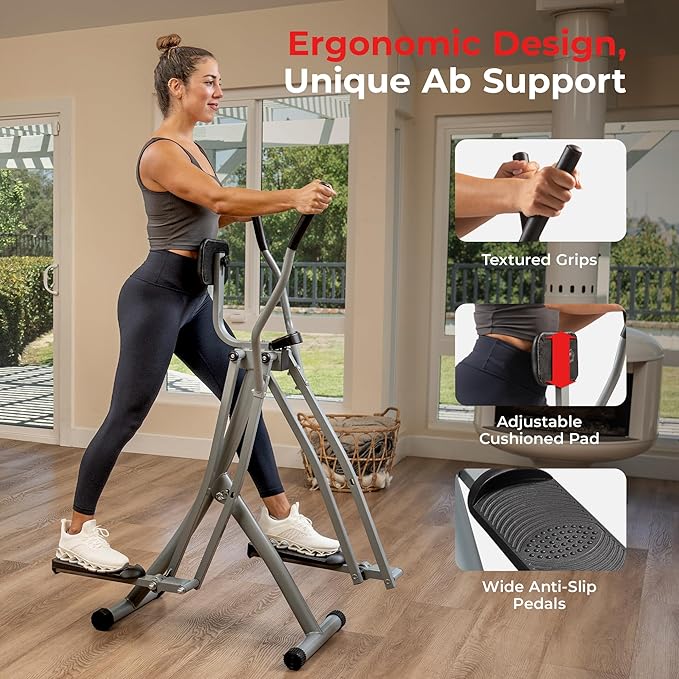 Sunny Health & Fitness Foldable Air Walk Elliptical, 30" inch Long Stride Full-Body Cardio Cross Trainer Glide Exercise for Home Office, SunnyFit App via Bluetooth with Optional Adjustable Resistance