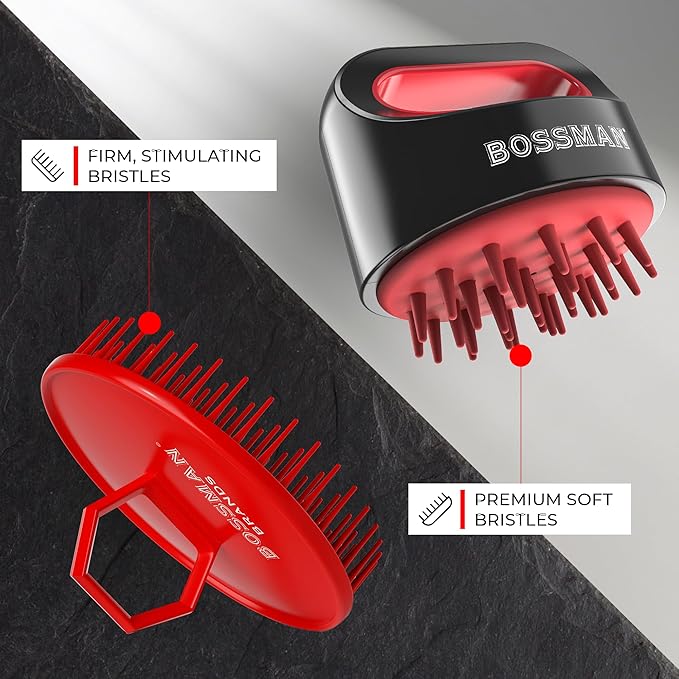 Bossman Scalp Massager & Shampoo Brush (3 inch, Red) – Scalp Exfoliator Brush – Head Scrubber, Beard Exfoliator & Dandruff Control for Hair & Beard with Firm Bristles