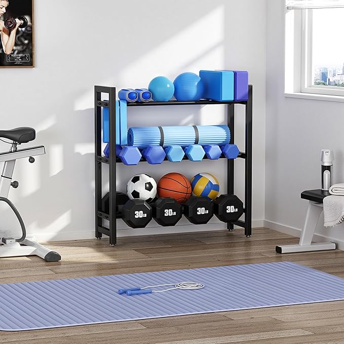 3 Tier Adjustable Dumbbell Rack – Heavy-Duty Weight Storage Stand for Dumbbells, Kettlebells, Multiple Balls, 450 lb Total Capacity, Space-Saving Home Gym Organizer (Rack Only)