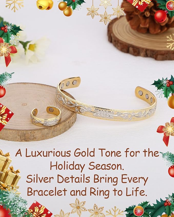 BioMag Copper Bracelet & Ring for Women, 99.99% Pure Copper Magnetic Bracelet Lymphatic Drainage Rings with 3500 Gauss Magnets, Adjustable & Flower Pattern (Gold Base with Silver)