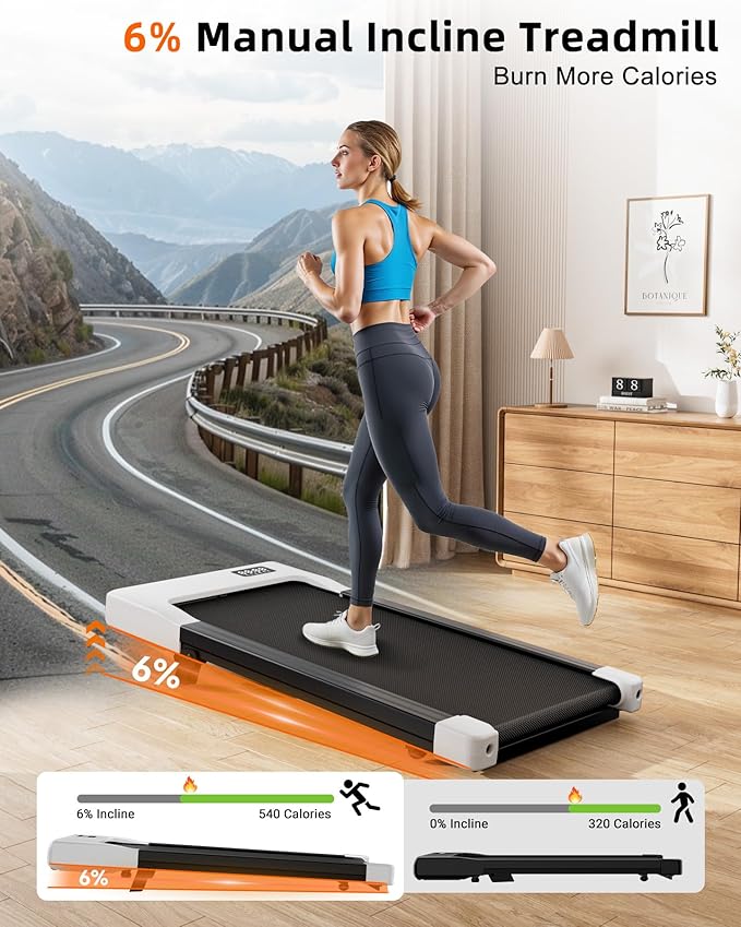 DeerRun Under Desk Walking Pad Treadmill for Home & Office, 6% Manual Incline, 2.5 HP, 0.6–3.8 MPH Walking Speed, 300 lb Capacity, App & Remote Control