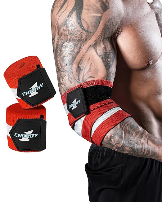 kcross Elbow Wraps for Weightlifting, 47" Strengthening support Elbow Sleeve Weightlifting (1 Pair) for Powerlifting, Bench Press, Gym Workout (Red White Striped)