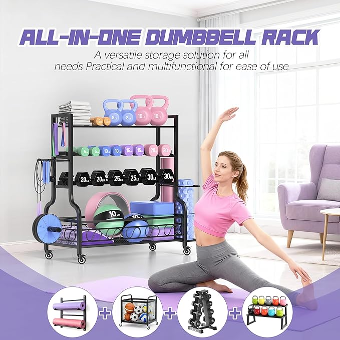 PARTPHONER Adjustable Dumbbell Rack, Weight Rack for Home Gym Storage, Home Gym Storage for Stores Dumbbells, Kettlebells and Yoga Mats, All in One Workout Storage Racks with Wheels and Hooks, Durable Powder Coated Steel