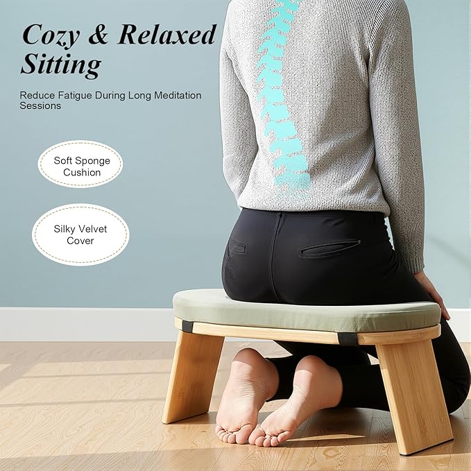 Meditation Bench Foldable & Ergonomic, Kneeling Meditation Stool with 5° Forward Tilt & 400lbs Capacity, Bamboo Meditation Stool with Detachable Velvet Cushion forYoga Prayer (Green)