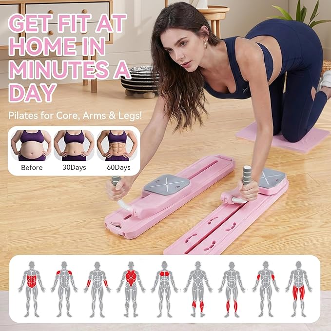 Pilates Reformer Machine Slider Multifunctional Board Fitness Floor Pilates Kit Portable Yoga Foldable Mini Table Set for Home Workout Women Pink Purple
