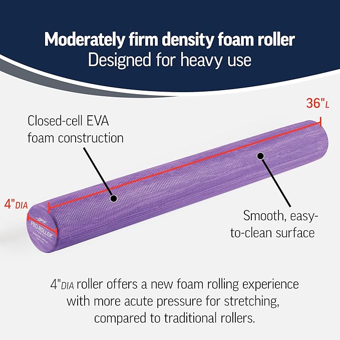 OPTP PRO-Roller Standard Density Foam Roller – Medium Density Foam Roller for Physical Therapy, Pilates, Yoga Foam Roll Exercises, and Muscle Recovery - Purple 36" x 4"