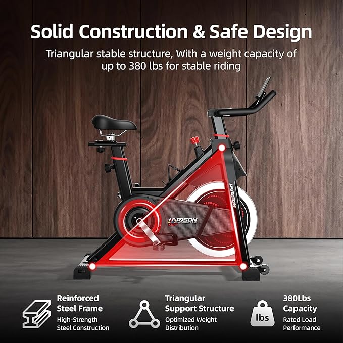 HARISON Exercise Bike, Magnetic Stationary Bike for Home, Quiet Dual-Belt Indoor Cycling Spin Bike, 380 lb Capacity, Adjustable Resistance, Push-to-Stop, 6-Level Handlebar, App Compatible
