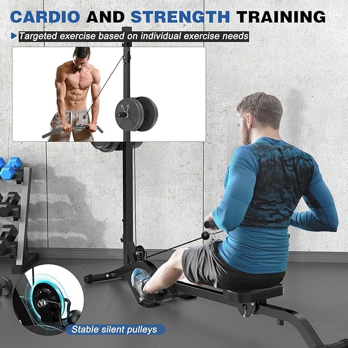 BEKING Foldable Rowing Machine,Adjustable LAT Pull Down & Low Row Cable Machine with 140/230LBS Weight Plates,2 in 1 Multi-Function Compact Rowing Machine with High/Low Pulley Stations