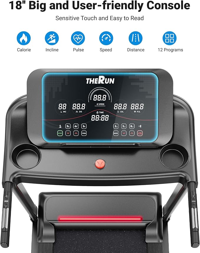 THERUN Incline Treadmill 18" LED Screen & 16.5‘’ Wide Belt, Running Treadmill 2 Layers Shock-Absorbing, Foldable for Indoor Fitness Workouts