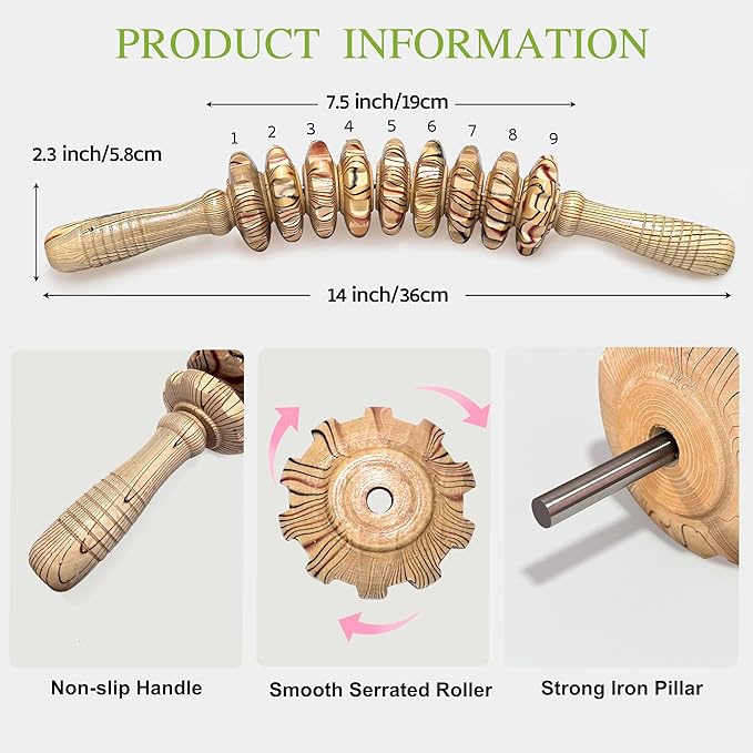 Wooden Curved Manual Massage Stick, 9 Roller Handheld Trigger Point Massager for Fascia, Cellulite, Muscle & Abdomen, Body Therapy Massager, Belly Relief Tool (Wood Grain)