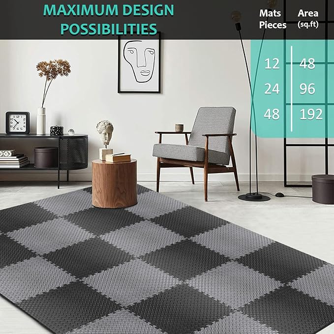 BEAUTYOVO Puzzle Exercise Mat with 12/24/48 Tiles Interlocking Foam Gym Mats, 24'' x 24'' EVA Foam Floor Tiles, Protective Flooring Mats for Gym Equipment