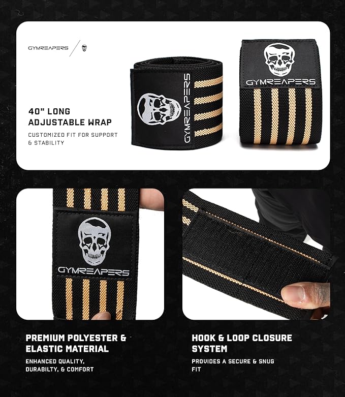 Gymreapers Weightlifting Elbow Wraps (1 Pair) - Flexible 40'' Elbow Compression Strap & Joint Support Brace - for Bench Press, Powerlifting, and Pressing