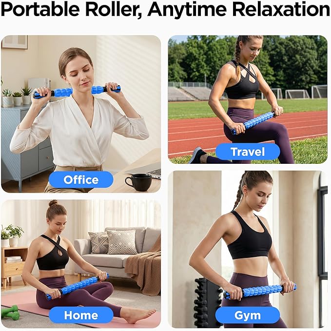 Muscle Roller & Massage Roller Stick for Athletes - Lymphatic Drainage Support, Relieves Muscle Soreness, Cramping & Tightness - Targets Legs, Arms, Back & Calves （Blue - 18inch）