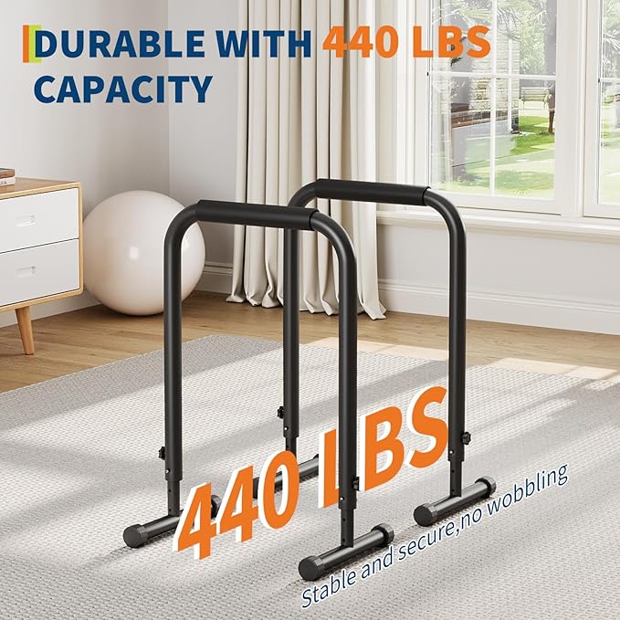 Adjustable Dip Bars Station, 440LBS Heavy Duty Dip Stand for Home Gym, Portable Dip Bar for Calisthenics & Upper Body Workout, Push Up Bars with Adjustable Height (32"-36")