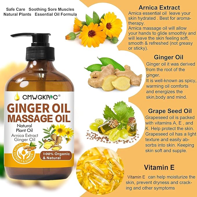 Ginger Oil,Ginger Massage Oil for Lymphatic Drainage,Natural Body Oil for Skin,Arnica Oil,Sore Muslce Massage Oil,Spa Ginger Oil-Warming and Relaxing for Easter Basket Stuffers Gifts for Men Women