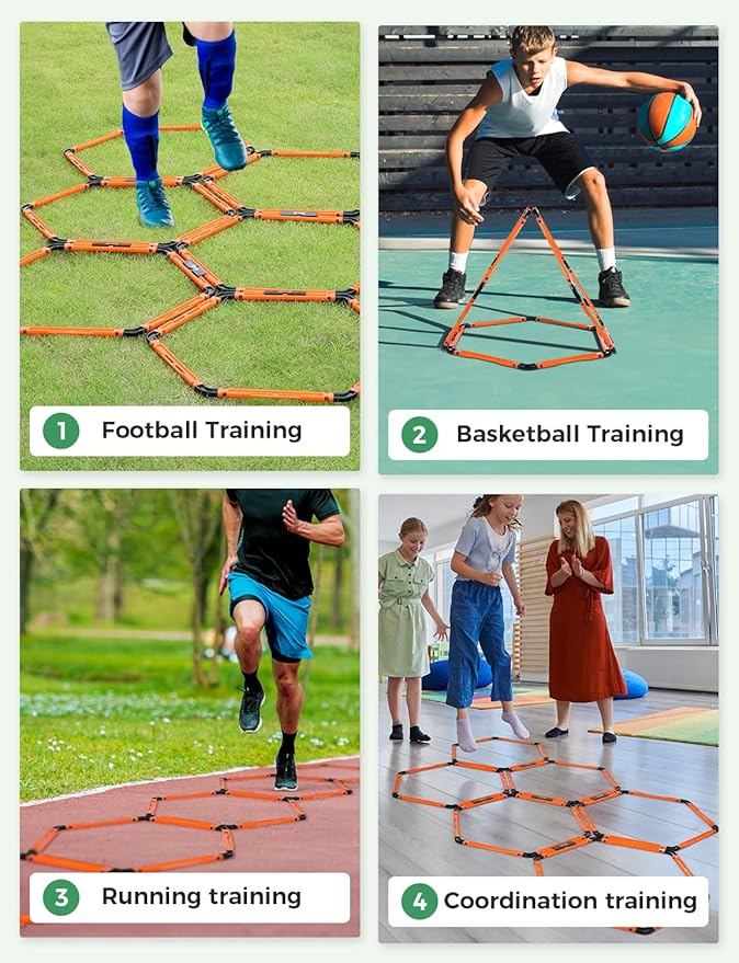 GHB Agility Ladder 1 Pack and Hex Agility Rings 1 Pack 12 Rung 20ft with 3 Carrying Bag