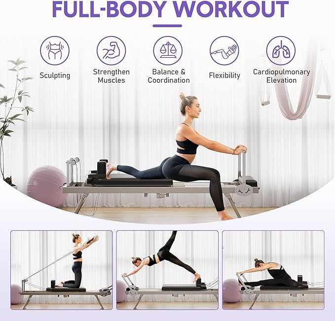 Pilates Reformer, Foldable Pilates Machine & Equipment for Home Use and Gym Workout, Suitable 5 Springs Full-Body Workout, Portable Pilates Equipment for Beginners
