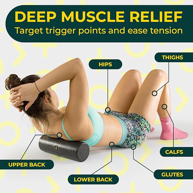 Deep Recovery Yoga Foam Roller for Physical Therapy & Exercise – Black Back Roller for Back Pain, Legs, and Shoulders, 12in x 4in Travel Size – Deep Tissue Massage for Myofascial Release