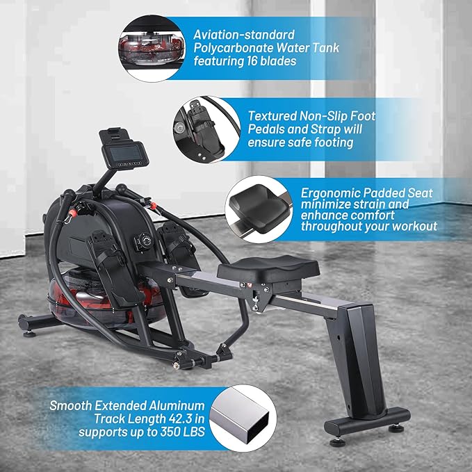 Rowing Machine, Magnetic Rowing Machine with 16 Levels of Quiet Dual Slide, Rowing Exercise Equipment for Home Use, App Compatible, 350lb Weight Capacity