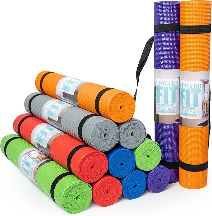 12-Pack Classic Yoga Mat With Carrying Strap, 68" x 24" Non Slip Exercise Mat, 4mm Thick Gym Mat, Bulk Non Toxic Yoga Mats for Home Workout, Schools, Classroom, and Studios
