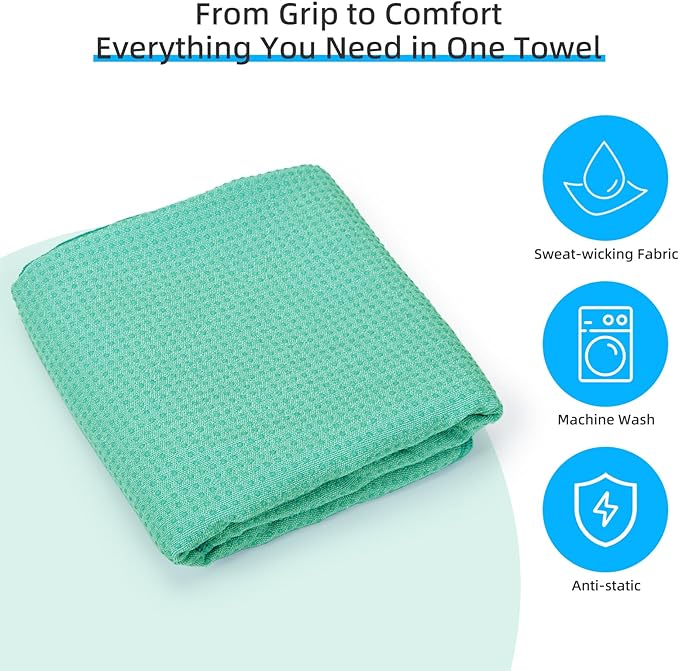 YESLIFE Non-Slip Extra Thick Hot Yoga Towel with One Sweat Towel, Microfiber Sweat Absorbent Yoga Mat Towel with Grip Dot, Pilates Mat, 72" x 24", Light Green