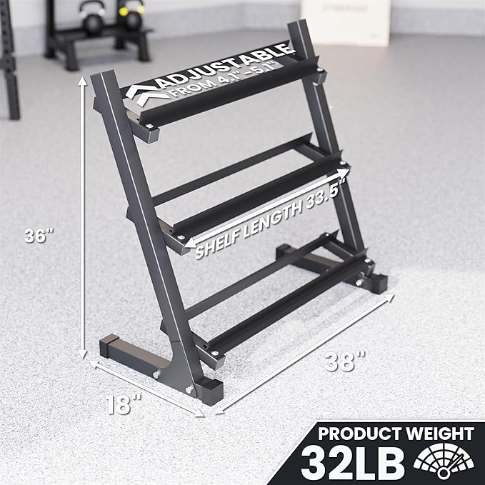 Synergee Dumbbell Rack for Home Gym – 3 Tier Adjustable Weight Rack for Dumbbells – Space-Saving Storage Shelf – Available in 38" or 46" – Heavy Duty Steel Frame – Easy Assembly