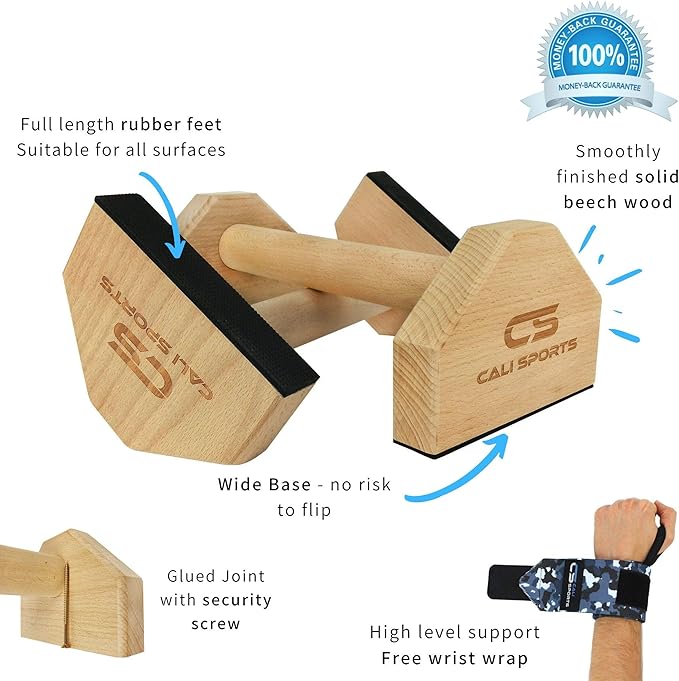 CALI SPORTS Calisthenics Wood Parallettes Bars | Push Up Bar That Will Not Slip or Wobble | Wrist Wraps Included