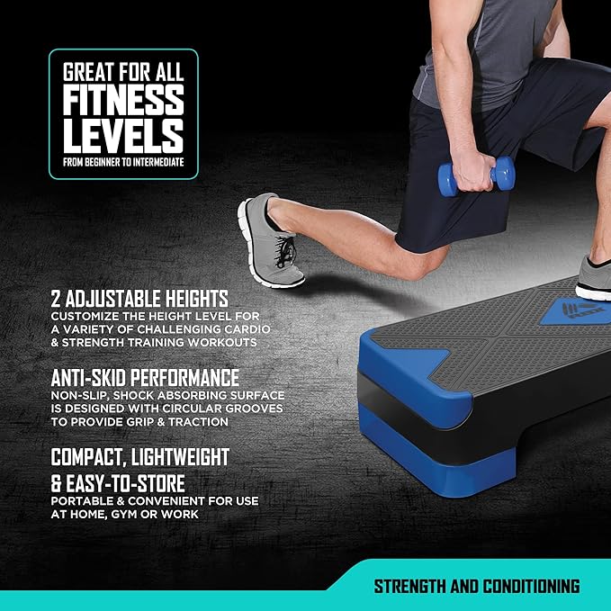 RBX Aerobic Step Platform with Non-Slip Textured Surface -2-Level Adjustable Steppers for Exercise, Compact, Lightweight, Easy-to-Store Exercise Step & Fitness Step Bench
