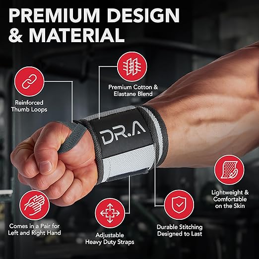 Dr. Arthritis Weight Lifting Wrist Wraps with Thumb Loop, Heavy-Duty Wrist Straps for Weightlifting, Hybrid Training, Olympic Lifts & Calisthenics, Non-Slip Gym Wraps for Men & Women (Grey & White, Pair)