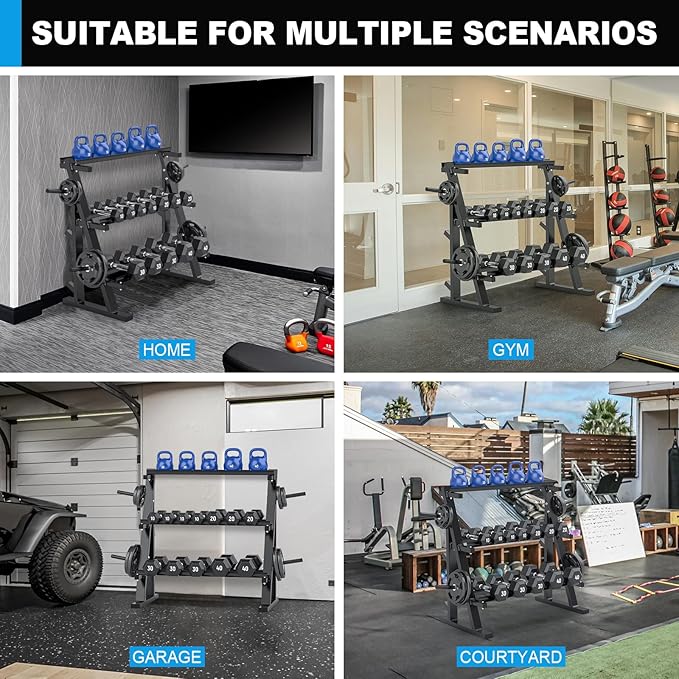 Adjustable Dumbbell Rack,3-Tier Dumbbell Rack with 1100 LBS Weight Capacity Accommodates Barbell Plates, Dumbbells and Kettlebells Space-Saving Weight Rack for Home Gym (Stand Only), Black