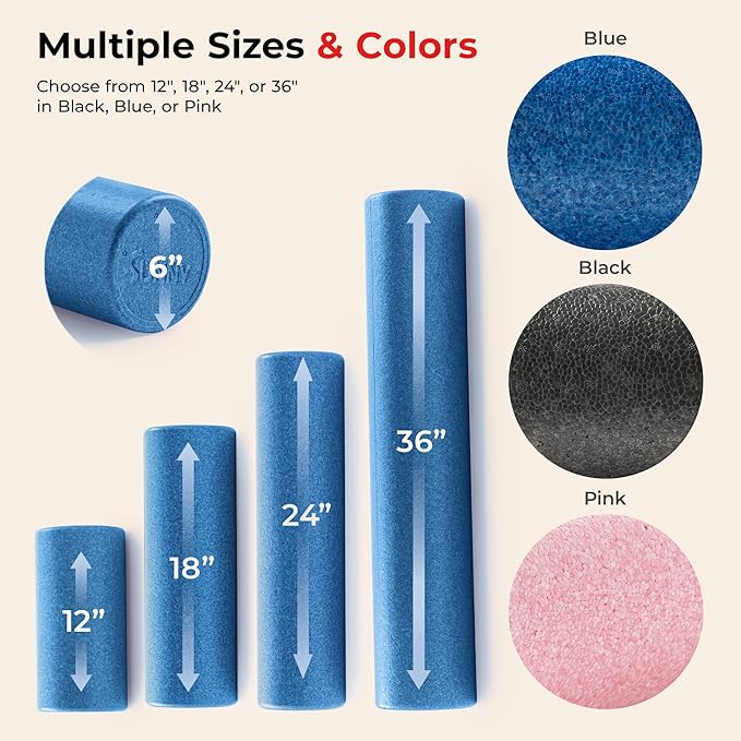 Sunny Health & Fitness High-Density Foam Roller 12" to 36", for Stretching & Muscle Recovery – Black, Blue, Pink