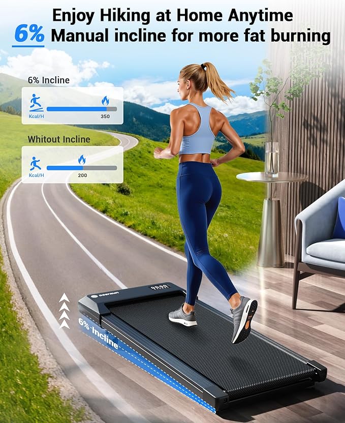 DeerRun Under Desk Walking Pad Treadmill with 6% Manual Incline, 0.6-3.8 MPH Walking Speed, 2.5 HP, 300 lb Capacity, App & Remote Control, for Home Office & Small Spaces