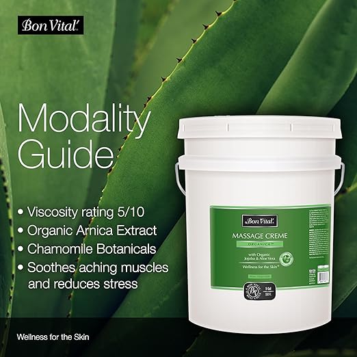 Bon Vital' Organica Organic Massage Creme, 5 Gallon, Organic Jojoba Oil, Non-Greasy, Hypoallergenic, Cream For Sensitive Skin, Massage Therapy & Muscle Relaxation, Spa Quality