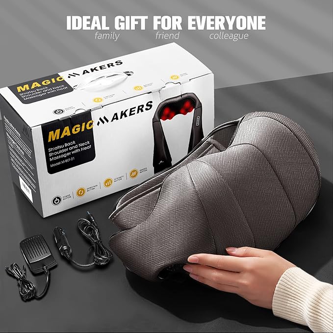 MagicMakers Neck Massager with Heat Gifts for Women, Men, Dad, Mom, Family, Friend, Mothers Day, Fathers Day, Christmas, Shiatsu Kneading Back Massager for Shoulder, Pain Relief, Muscle Soreness