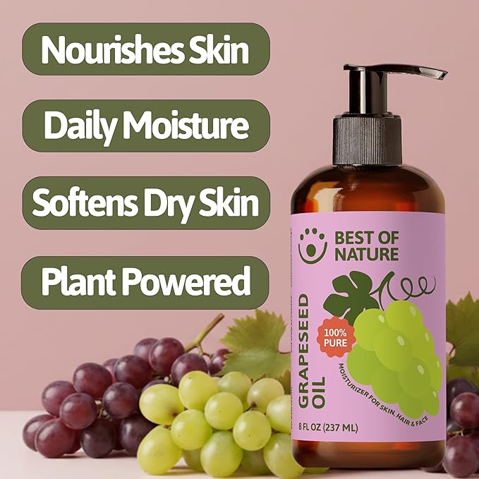 Best of Nature 100% Pure Grapeseed Massage & Body Oil, Unscented Lightweight Non-Greasy Moisturizer for Hair, Skin, Face, & Aromatherapy Carrier Oil for Essential Oils, 8 oz.