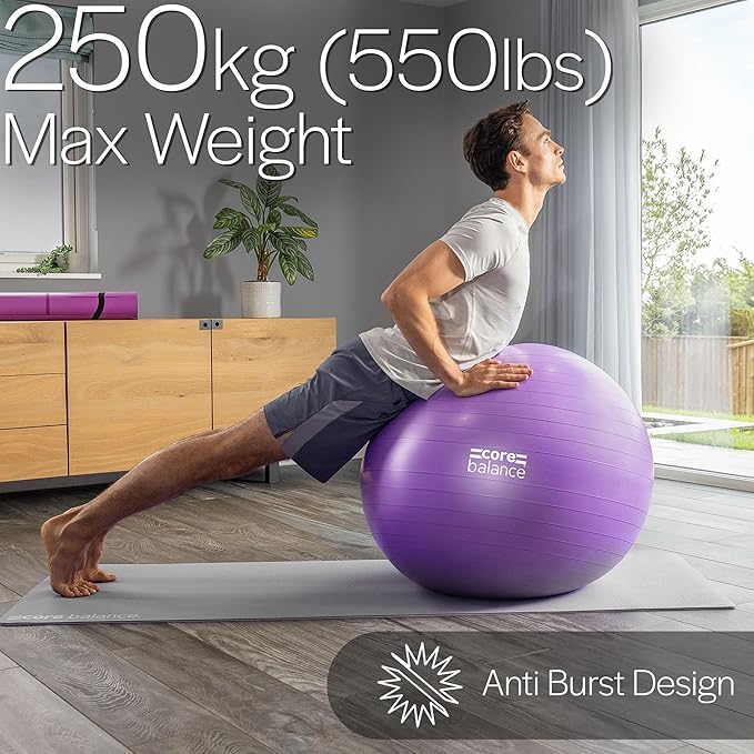 Core Balance Exercise Ball, Stability Ball for Yoga, Pilates and Fitness, Gym Ball for Home Gym and Office Chair, Training, Physical Therapy, Anti Burst, Pump Included, 55cm 65cm 75cm 85cm
