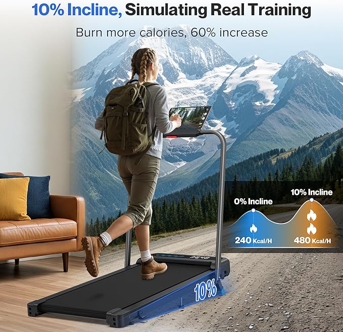 Foldable Treadmill with 10% Incline, 4 in 1 Compact Walking Pad Treadmill with Handle Bar for Home Small Spaces, 3.0HP Portable Quiet Under Desk Treadmills, 320LBS Capacity, Smart APP, LED Display