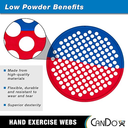 CanDo Hand Exercise Webs for Physical Therapy, Grip Strengthening, and Hand, Finger, Wrist Resistance Workouts, Portable Size, Low Powder, 14" Diameter, Multi-Resistance: Light/Heavy