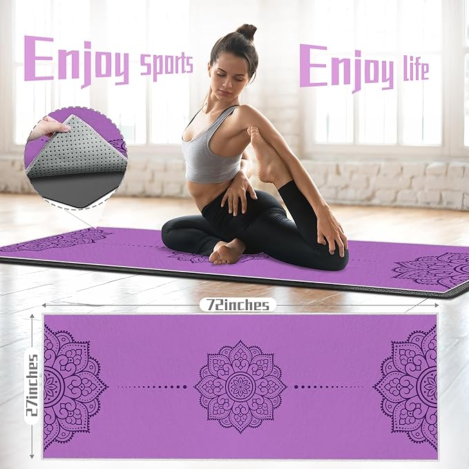 Yoga Towel, Absorbent Yoga Mat Towel for Hot Yoga Non Slip, Stylish Prints, Ideal for Workouts, Hot Yoga, Bikram, Pilates Equipment,72 x 27 in,Purple Mandala