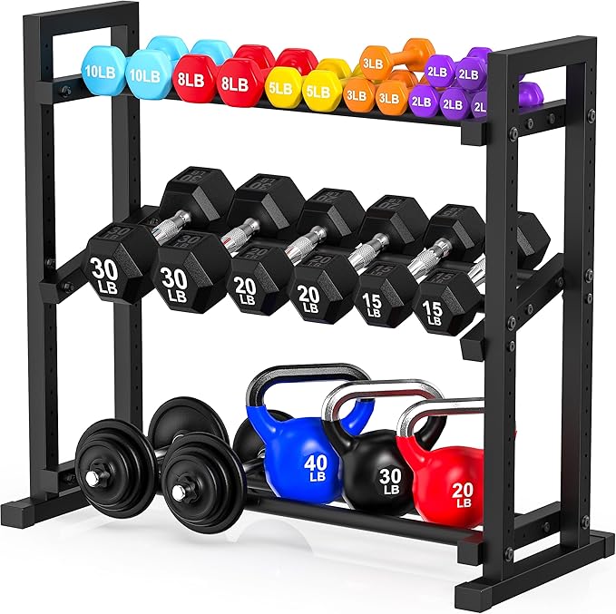3-Tier Adjustable Dumbbell Rack, Weight Rack for Home Gym Storage, Heavy Duty Weight Stand for Dumbbells, Kettlebells & Free Weights, Space-Saving Dumbbell Rack Stand Only(Up to 450LB Capacity)
