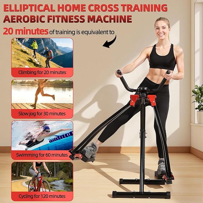 Space Walker Exercise Machine - Air Walker Elliptical Trainer Foldable Low-Impact Cardio Trainer with LCD Monitor, Extended Stride & Non-Slip Pedals for Home Gym