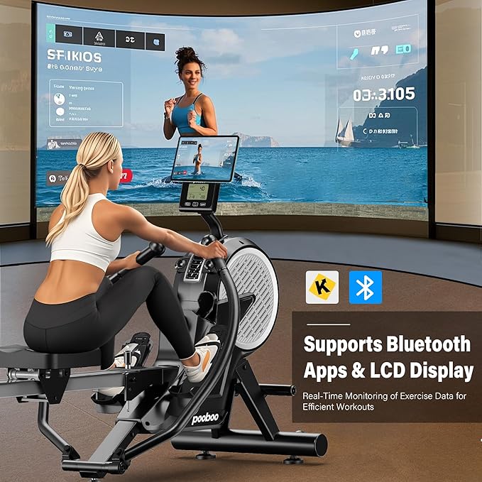 pooboo Rowing Machine for Home, Max 360 LBS Magnetic Rower with APP and LCD Monitor, Tablet Holder, Upgraded Rowing Machines with Comfortable Seat Cushion