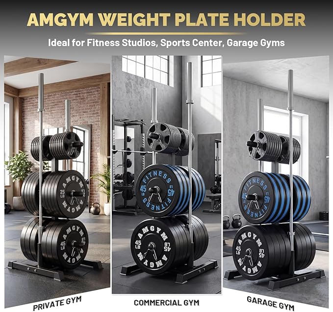 Weight Plate Tree Rack & Weight Set, Strength Training Plate Storage Stand and Barbell Holders for Home Gym, 1100 lb Weight Capacity, Fits Both 1" and 2" Bumper Plates