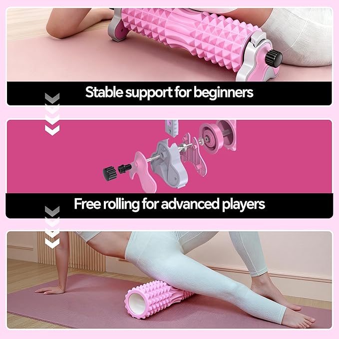 Foam Roller with Detachable Stand, 18” Deep Tissue Massage Roller, 3-Level Height Adjustable Support, Beginner-Friendly Design for Home Workout & Muscle Recovery - Pink