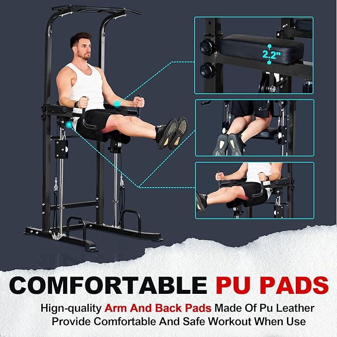 soges Power Tower Dip Station with Assisted Pad, Height Adjustable Pull Up Bar Station for Home Gym, Multi-Function Strength Training Full Body Workout Equipment, 330 Lbs, Black